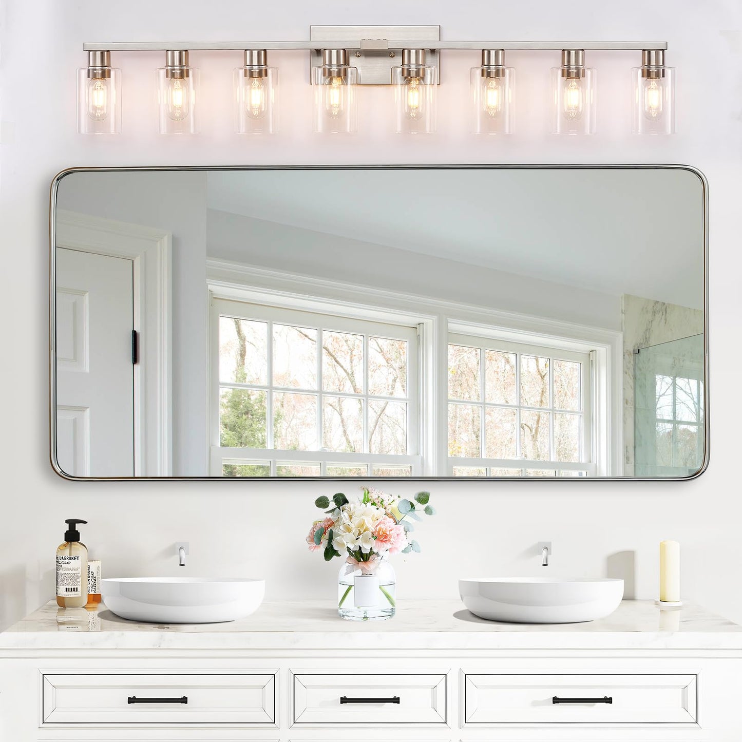 Hdasic 8 Light Bathroom Vanity Light  Large Brushed Nickel Vanity Lights Fixtures  Bathroom Lighting Fixture Over Mirror With Clear Glass Shade For Mirror  Bedroom  Living Room  Wall Lamp