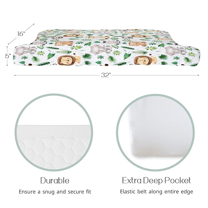 HawSkgFub African Safari Jungle Animal Eucalyptus Leaf Changing Pad Cover Baby Girl Boy, Giraffe Elephant Lion Palm Leaf Diaper Change Table Sheet, Stretchy Safe Snug Fitted Changing Mat 32"/34" x 16"