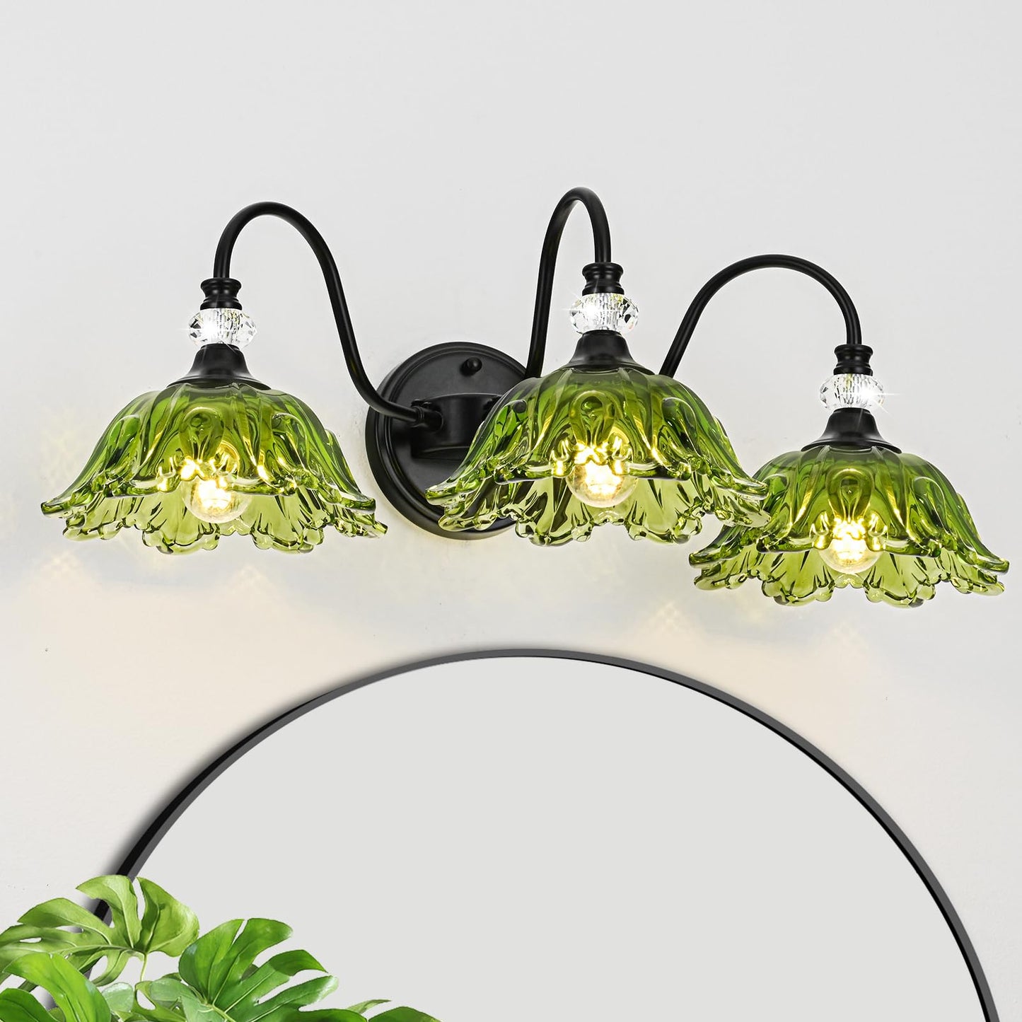Sunkryster Black Bathroom Vanity Light 3-Light Vanity Light With Floral Green Glass Shades Vintage Farmhouse Wall Mount Lighting For Bathroom  Dressing Table
