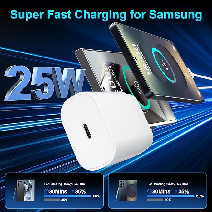 Super Fast Charger Type C, 25W USB C Wall Charger Fast Charging for Samsung Galaxy S25 Ultra/S25/S25+/S24+/S24 Ultra/S24/S24+/S23 Ultra/S22 Ultra/S21 Ultra with 8FT Long Type C Charger Cable 2Pack