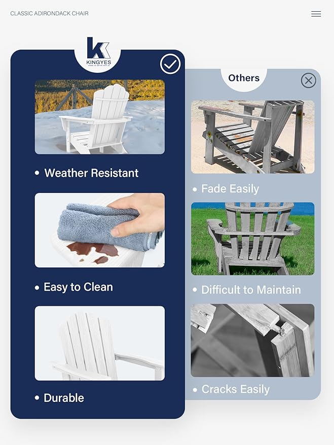 KINGYES HDPE Adirondack Chair Set of 2, Classic All-Weather Outdoor Patio Adirondack Chair, White