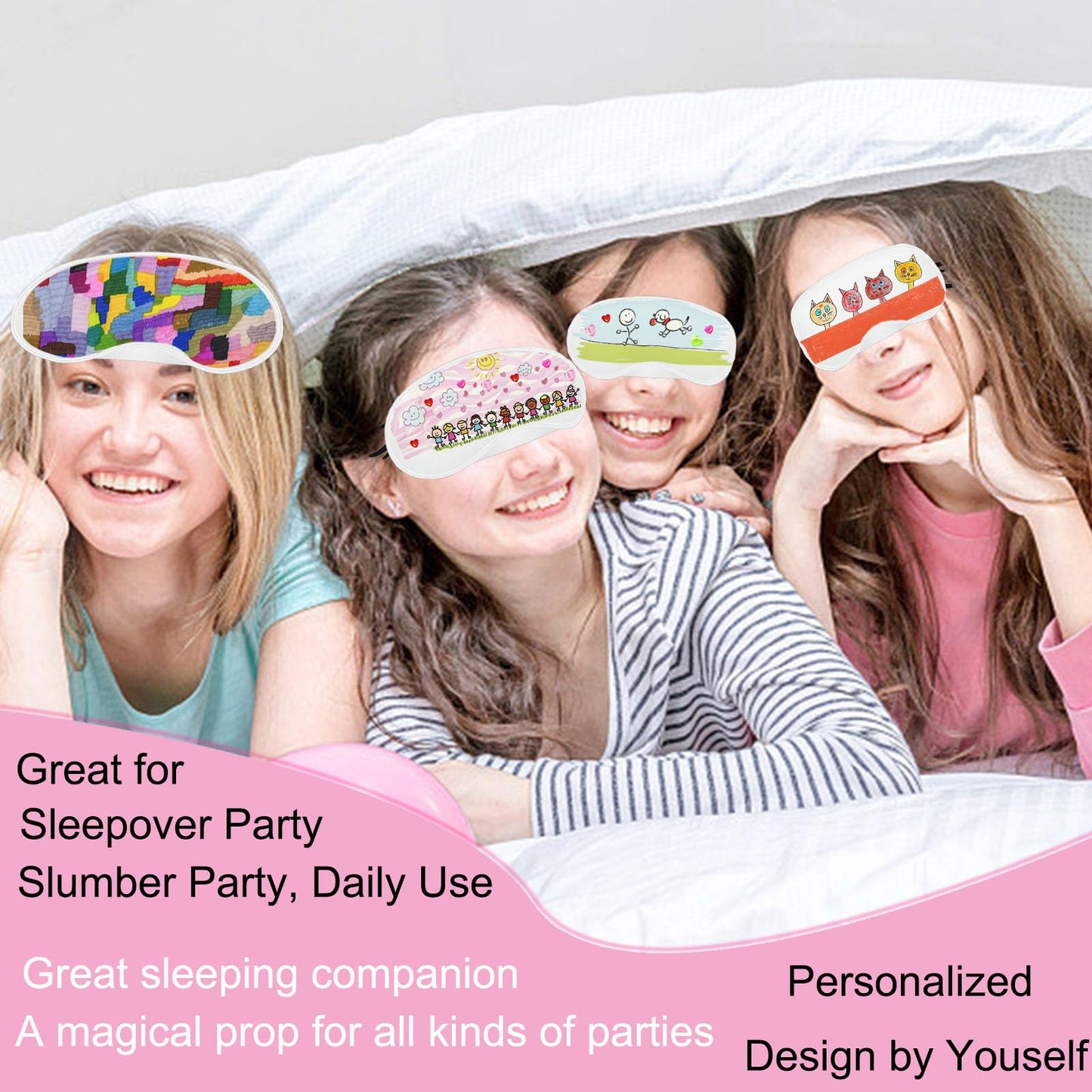 22 PCS Sleepover Party Supplies, 12 PCS Sleep Eye Masks White Blindfold Slumber Eye Covering with 2 Sheets Self-Adhesive Heart Rhinestones Gems&8 PCS Fabric Marker Pens