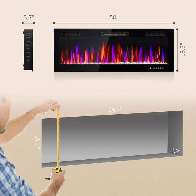 HOMCOM 50" Electric Fireplace Recessed and Wall Mounted with Remote, 750W/ 1500W Ultra-Thin Fireplace Heater and Linear Fireplace with Timer, 12 Color Flame Effect, Crystal, Black