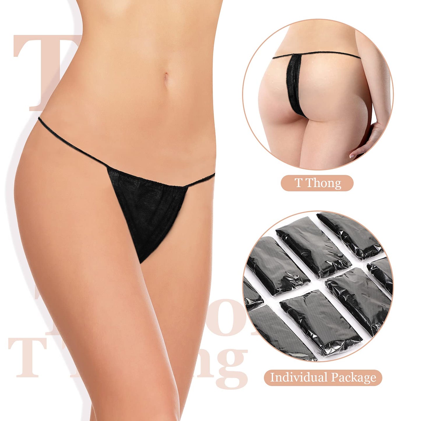 Geyoga 100 Pcs Disposable Thong Panties for Women, Nonwoven Disposable Underwear for Spa Spray Tanning Individually Pack Black