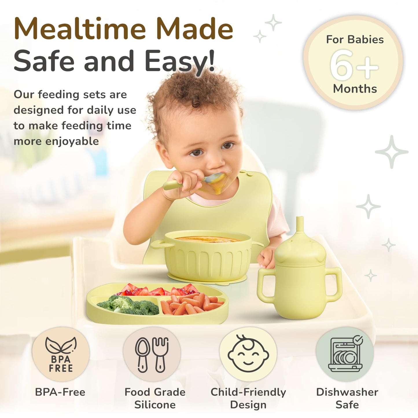mimi & kiki BPA-Free Silicone Baby Feeding Set, Baby Plates and Bowls Set, Baby Led Weaning Supplies, Silicone Suction Plate, Baby Utensils, Bib and Cup, Self Feeding, Dishwasher Safe (Yellow)