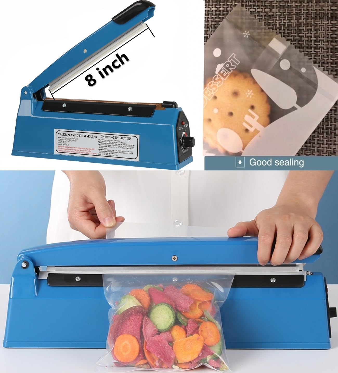 Yeler 8 Inch Impulse Heat Sealer, Manual Poly Machine for Plastic Bags PE PP Bags with Extra Replace Element Grip