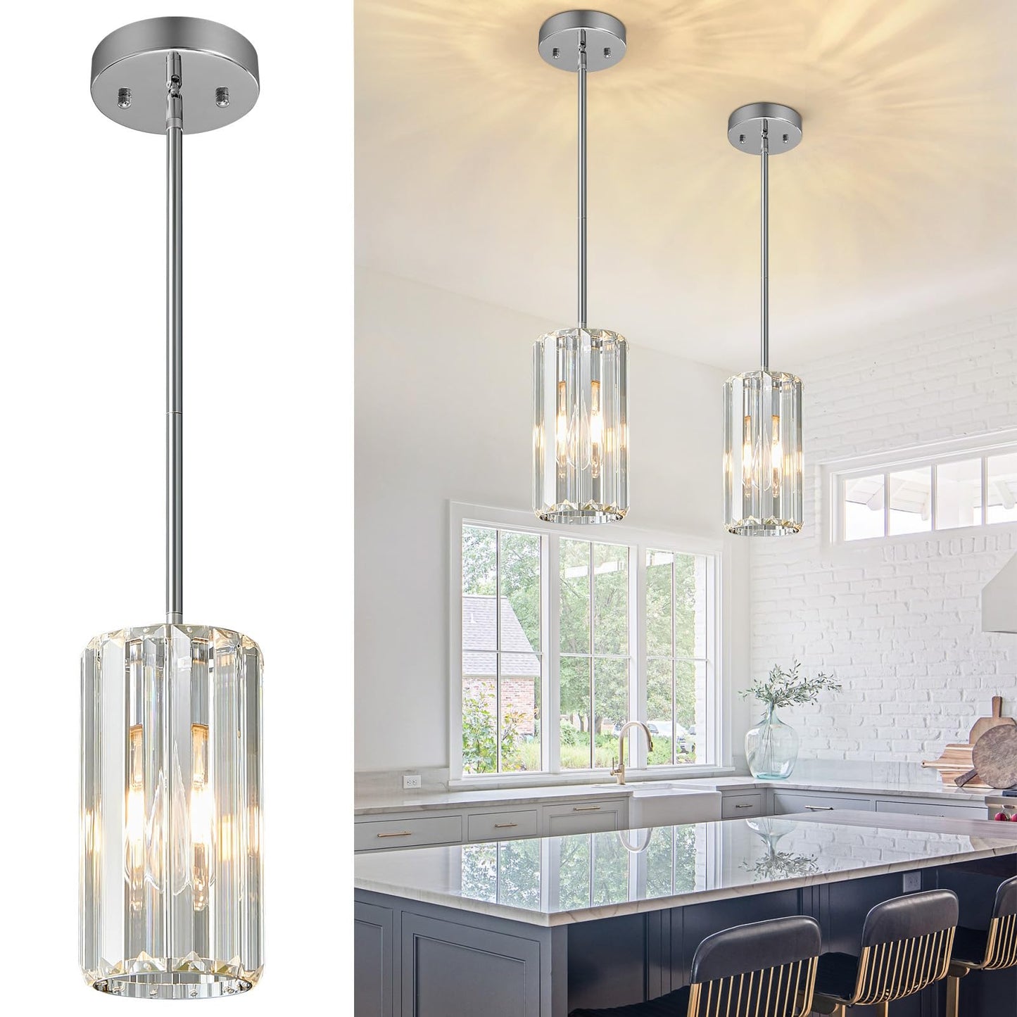 Zhllmq Chrome Pendant Lighting Modern Pendant Light Mini Crystal Chandeliers Adjustable Pendant Light Fixture For Kitchen Island Dinning Room Corridor Bedroom(Chorme 2-Pack)