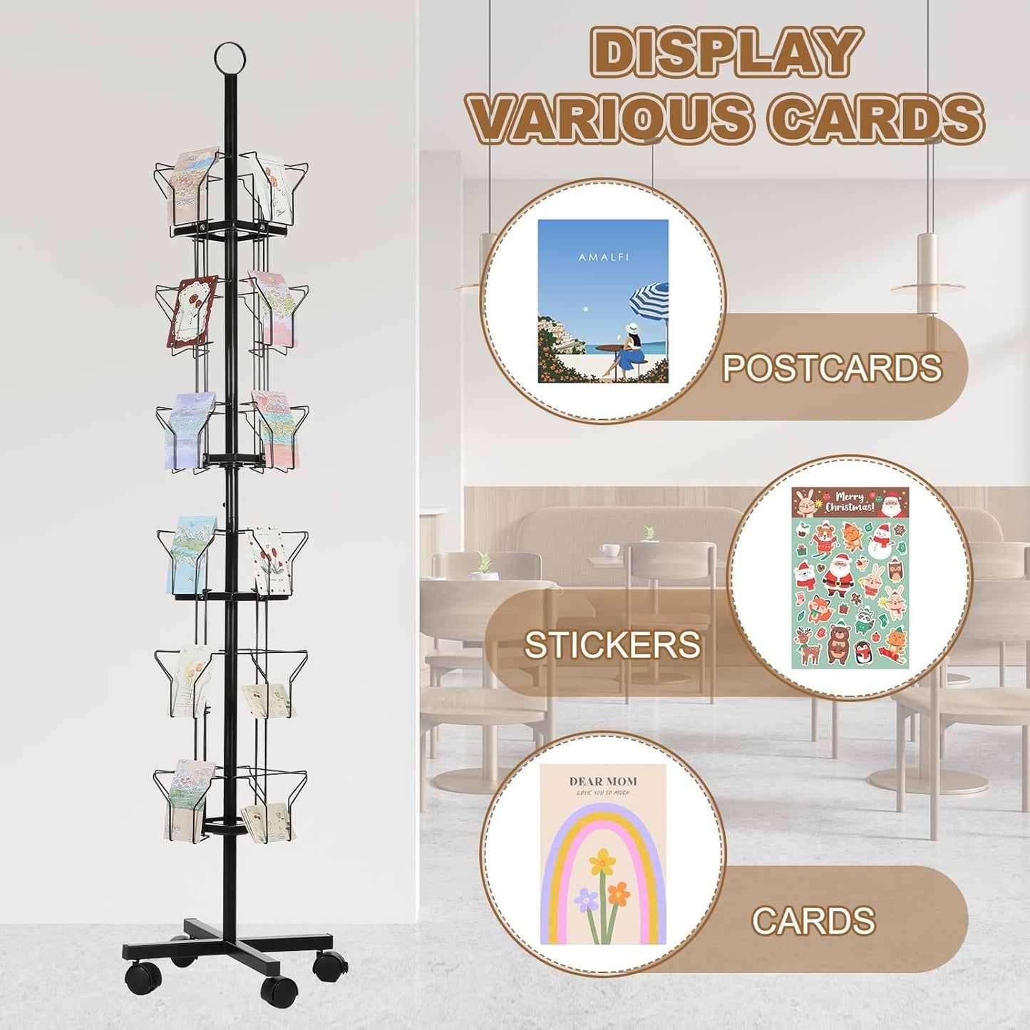 PATIKIL 6 Tier Rotating Greeting Card Rack, Metal Spinning Greeting Card Display Stand Portable Postcard Rack Holder Organizer for Postcard Sticker Photo Desk Book Stamp, Black