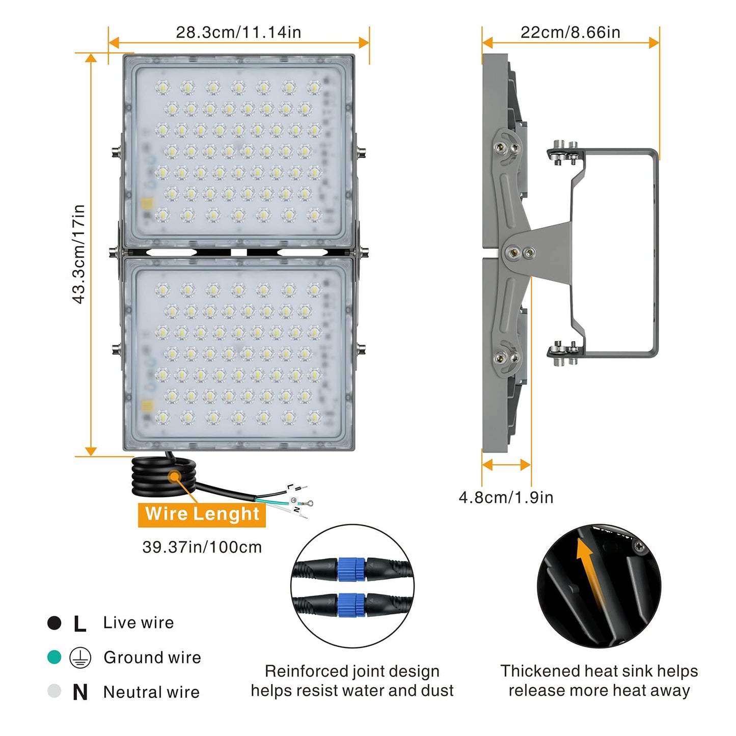 Stasun Led Flood Light Outdoor  200W 18000Lm Outdoor Lighting  5000K Daylight White  Adjustable Heads  Ip66 Waterproof Outside Security Floodlights For Yard  Court  Stadium  Parking Lot