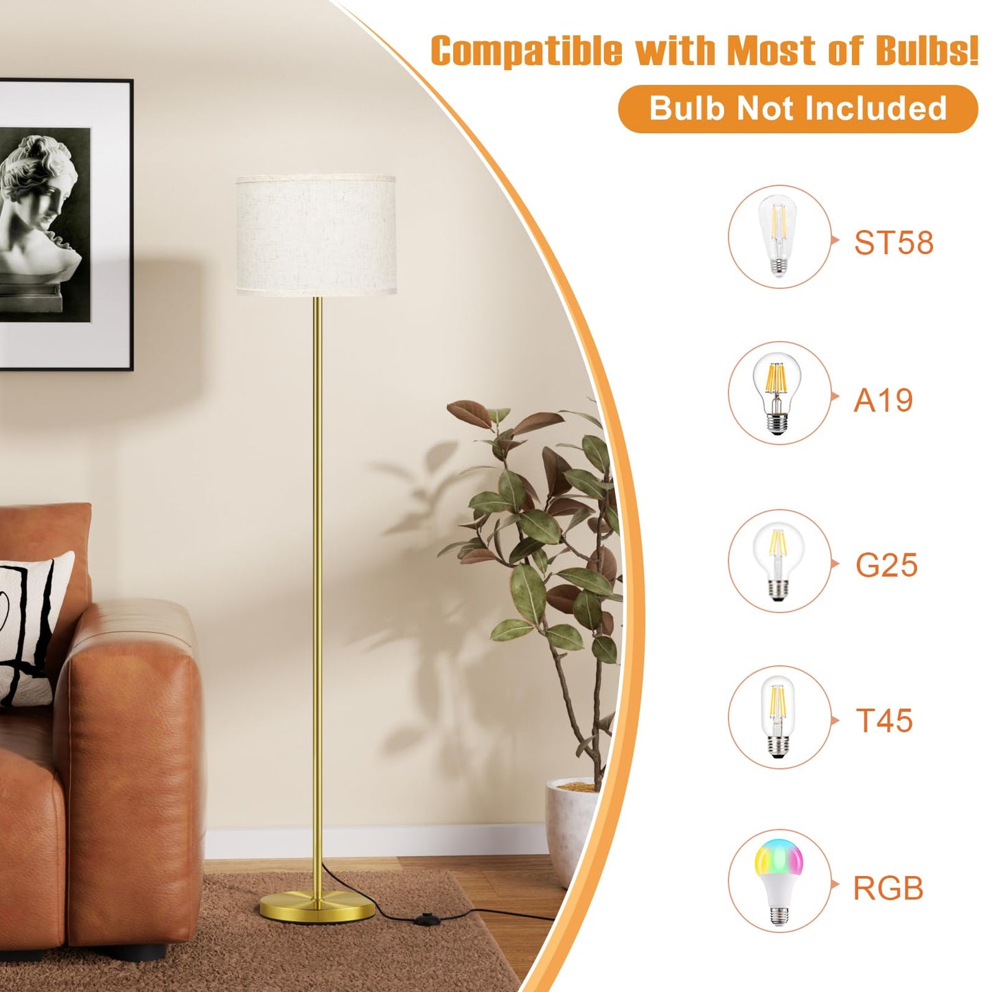 Ambimall 60in  Modern Floor Lamp, Metal with Beige Shade & Brushed Gold Pole, Model RPT-ZGB129, Ideal for Living Room, Bedroom, Office