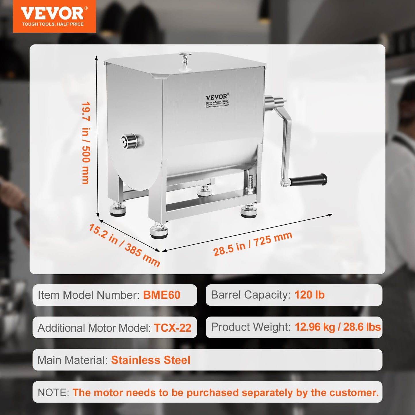 VEVOR Manual Meat Mixer, 120 Pound Capacity Tank Meat Processing Equipment, Stainless Steel Meat Mixer, Sausage Mixer Machine with Lid and Handle, Ground Beef Hand Mixer, Silver