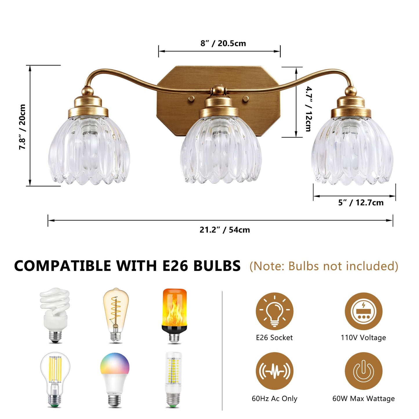 Cmnvmn Vintage Bathroom Light Fixtures  Gold Bathroom Vanity Light  Matte Antique Brass Finish With Crystal Glass Shade  Wall Sconces Lighting For Bedroom  Living Room  Hallway (Gold  3-Light)