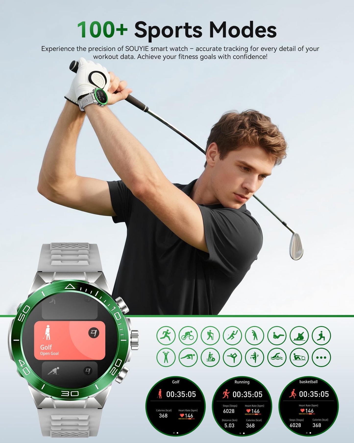 SOUYIE Military Rugged Smart Watch for Men, AMOLED 1.43" HD Screen, Bluetooth Call Answer/Make, Blood Oxygen/Heart Rate/Sleep Tracker, 7-30 Day Battery, Waterproof Fitness Tracker for iOS Android