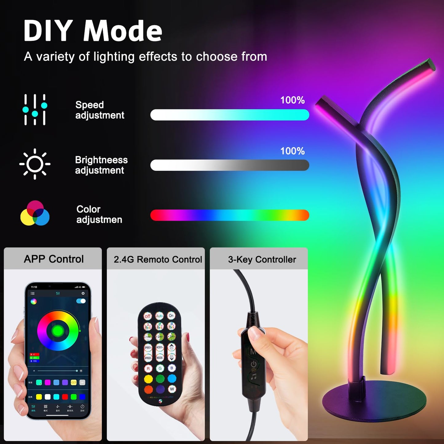 Wefomey LED Table Lamp, RGBW Multicolor Dimmable, Small, Black, Model US-RGBW-TL, Smart App Control, USB Desk Light