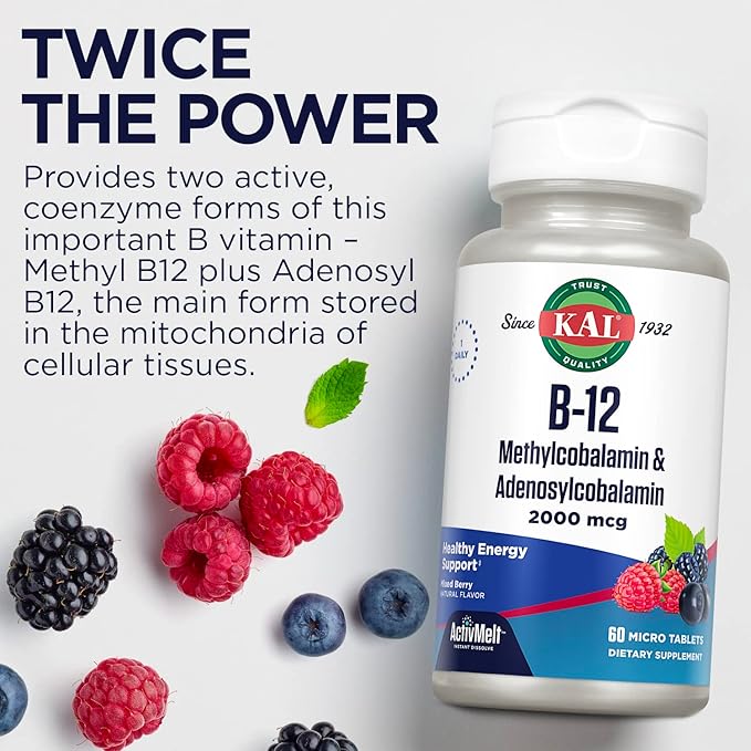 KAL Vitamin B12 Methylcobalamin and Adenosylcobalamin 2000 mcg ActivMelt, B12 Energy Supplements, Metabolism, Nerve, Red Blood Cell Support, High Absorption, Natural Berry, 60 Serv, 60 Micro Tablets
