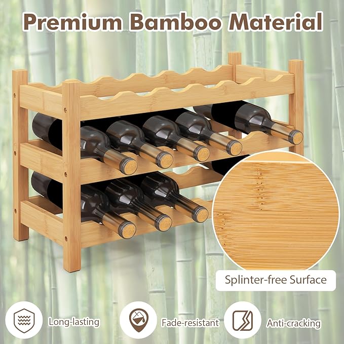 Giantex Bamboo 3-Tier 18-Bottle Wine Storage Cabinet Shelf, Small Countertop Wine Organizer for Kitchen, Bar, Pantry & Wine Cellar, Natural