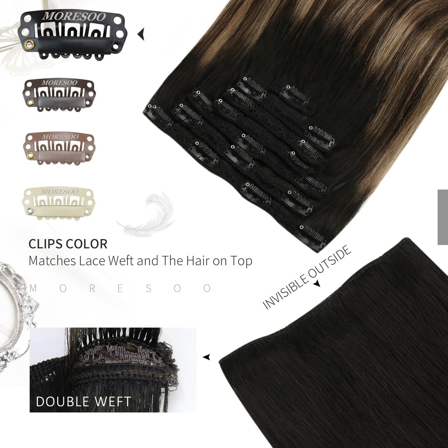 Moresoo Clip in Human Hair Extensions Balayage Straight Thick Double Weft Clip in Hair Extensions Ombre Off Black to Dark Brown
