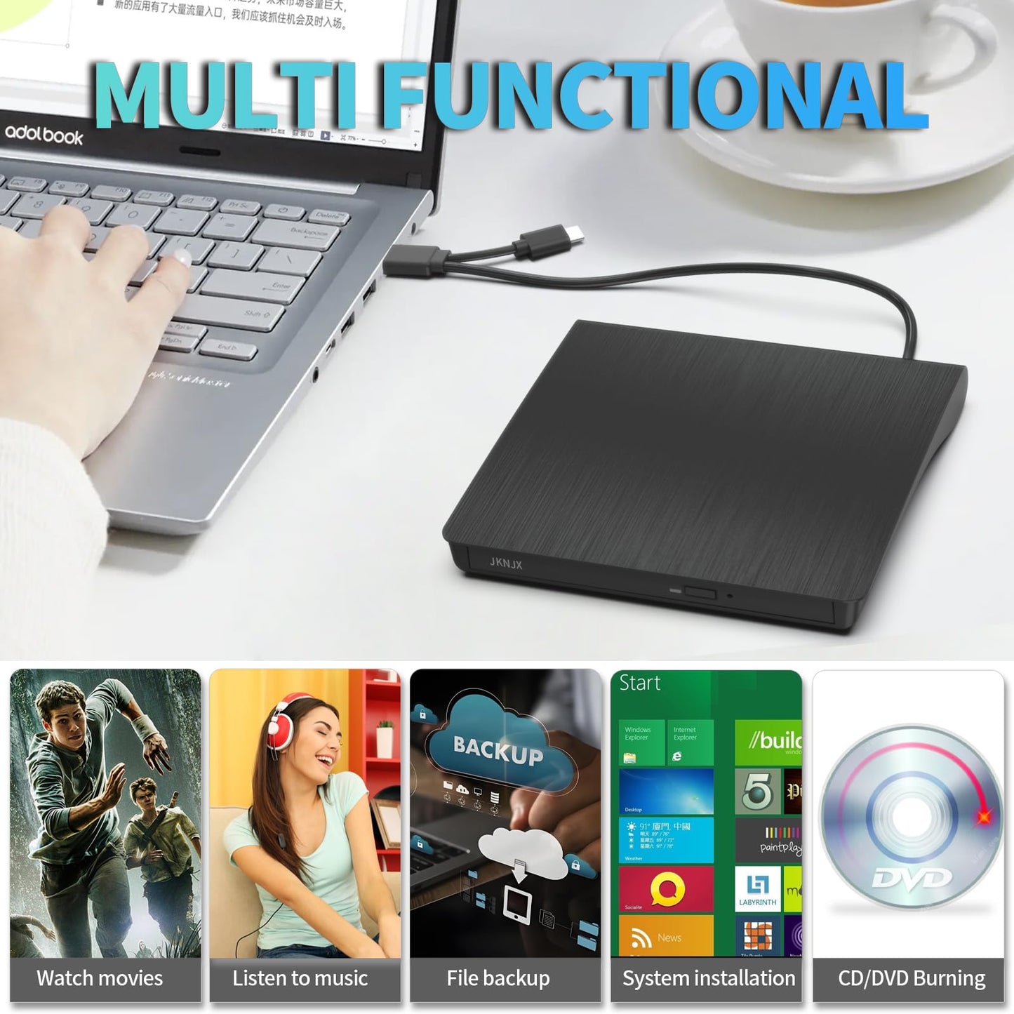 Jknjx External Dvd Drive,Usb 3.0 And Type-C Cd Dvd Disc Reader Writer Burner Player,Slim And Portable Cd Dvd +/-Rw Optical Drive