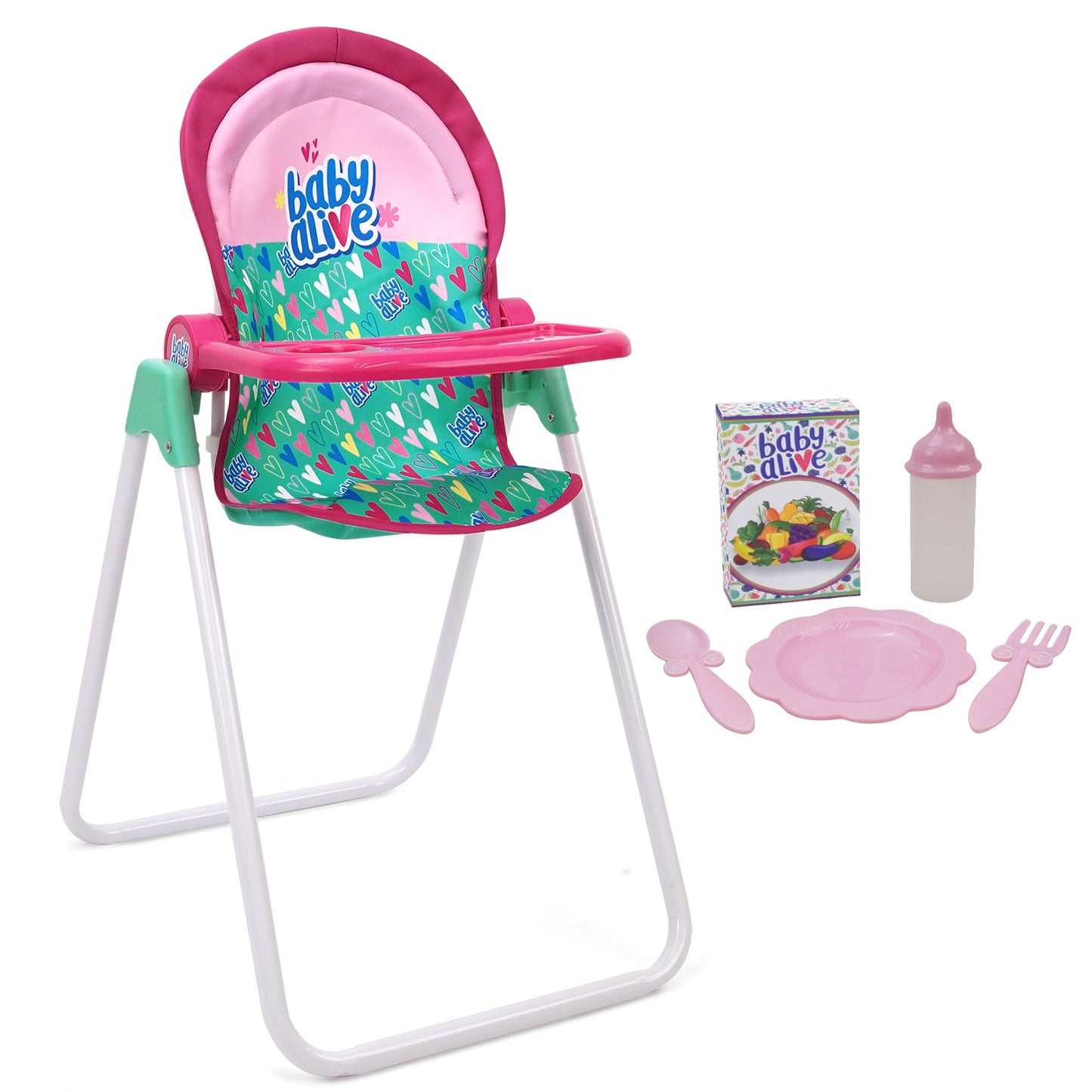 Baby Alive: Doll Highchair Set - Green, Pink, Hearts - for Dolls Up to 24", 5 Matching Feeding Accessories, Rotating Seat, Folding, Kids Toy Ages 3+