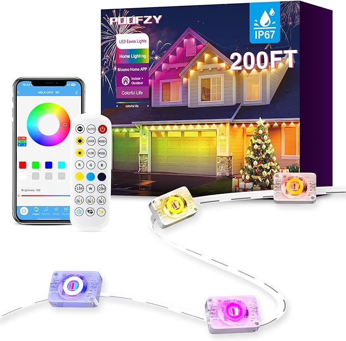 POOFZY Permanent Outdoor Lights for House,200ft RGB+IC Smart Outdoor Decor, 50 Scene Modes,App/Remote Control,for Christma...