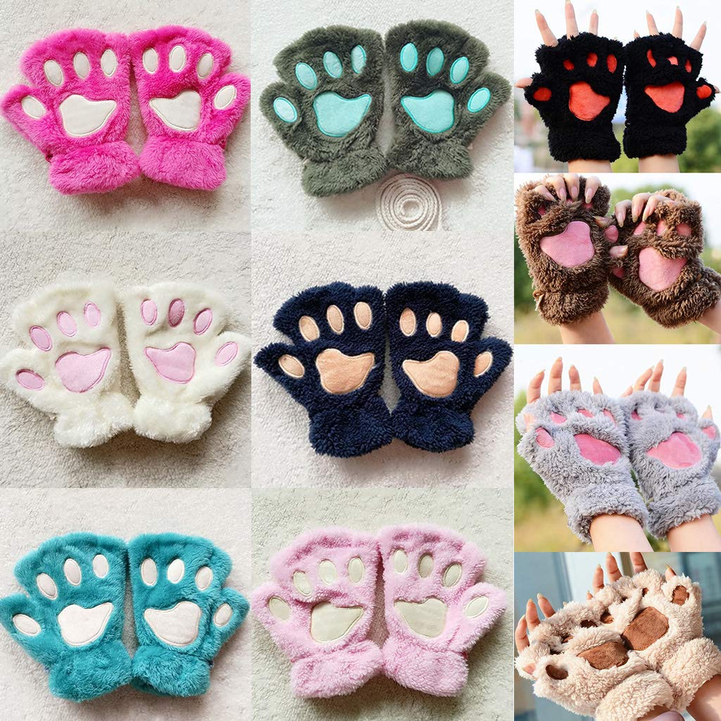 Junlinto Women Girls Lovely Cat Paw Claw Thick Half Fingerless Gloves Fluffy Plush Mitten-HOT Pink