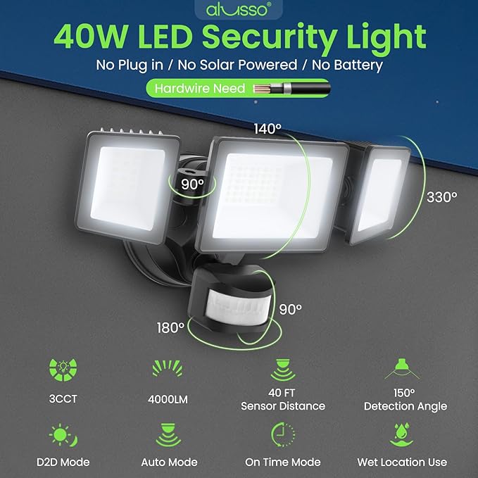 ALUSSO® Motion Sensor Outdoor Lights, 40W 4000LM 3 Modes Flood Lights Outdoor Motion Sensor, 3CCT 3 Heads Outdoor Security Light Wet Location Use for House Garage Yard Walkway, Black,ETL