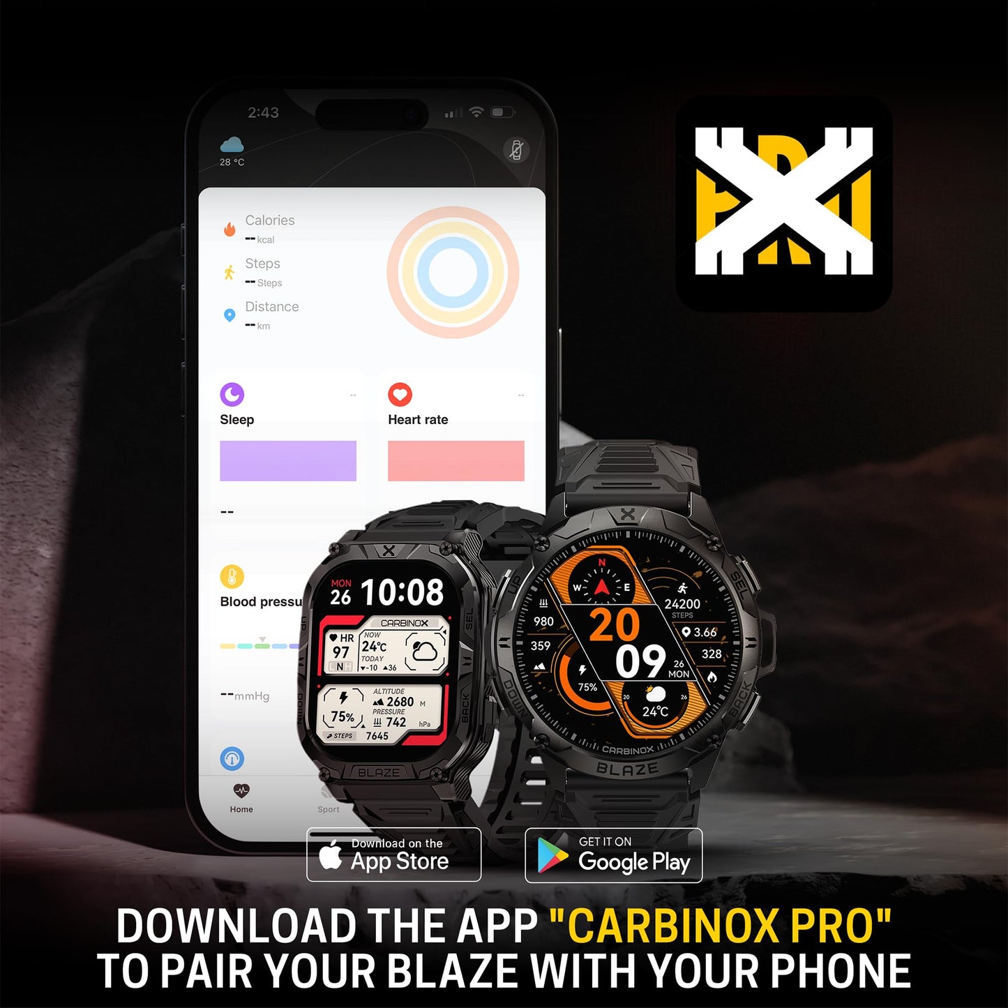 CARBINOX Blaze Smart Watch with Metal Band 22 mm GPS, Rugged Fitness Tracker Waterproof IP69K, Compatible with Android and iOS, 170+ Sports Modes, Make/Receive Calls (Round)