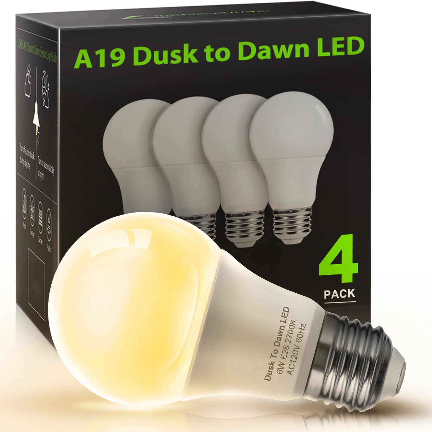 L LOHAS LED Dusk to Dawn Sensor Light Bulbs, 6W A19, 500LM, Warm White 2700K, 4 Pack, E26, Plastic