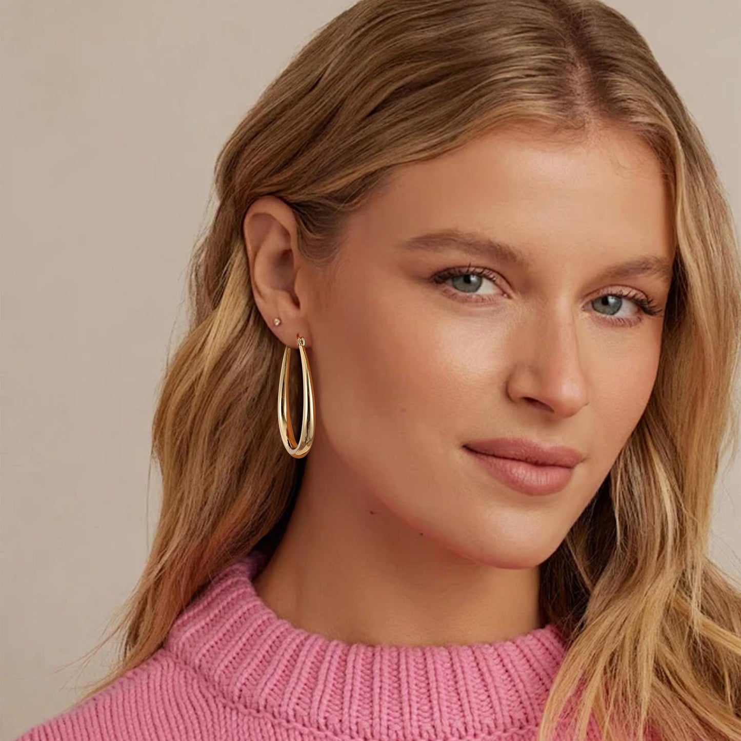 Gacimy Gold Chunky Hoop Earrings for Women, 14K Gold Plated Oval Hoop Medium Earrings with 925 Sterling Silver Post, 40mm Yellow