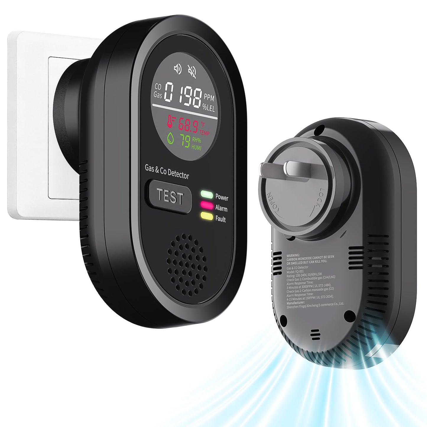 Portable Carbon Monoxide Detector 8-in-1, Carbon Monoxide Detectors Plug-in with HD Screen Natural Gas/Temp/Humidity, CO Monitor Alarm Sound Warning for Travel, Home, RV, Apartment Safety