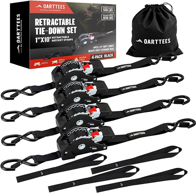 Retractable Ratchet Straps (4-Pack) - 1 Inch x 10 Feet (1,650lb Break Strength) - Heavy Duty Auto Self Retracting Tie Down...