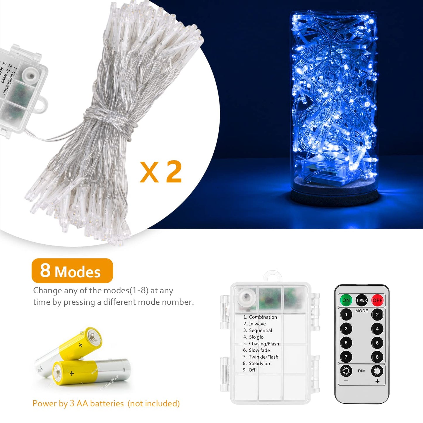 Koxly 2 Pack Battery Operated String Lights, Remote Timer, Waterproof, 8 Modes, 16.4Ft, Blue For Indoor Outdoor Decorations