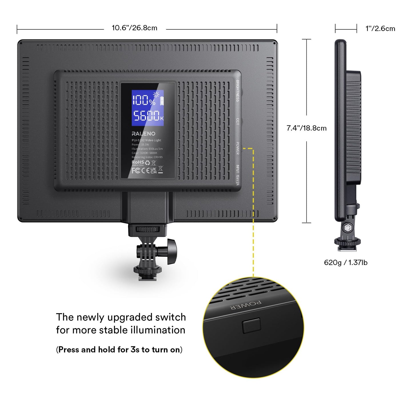 RALENO 19.5W LED Video Soft Light Panel, 650Lux/m Camera Panel Light Built-in 8000mAh Battery, CRI>95 3200-5600K Photography Studio Lights for TikTok YouTube Video Recording Photography Streaming