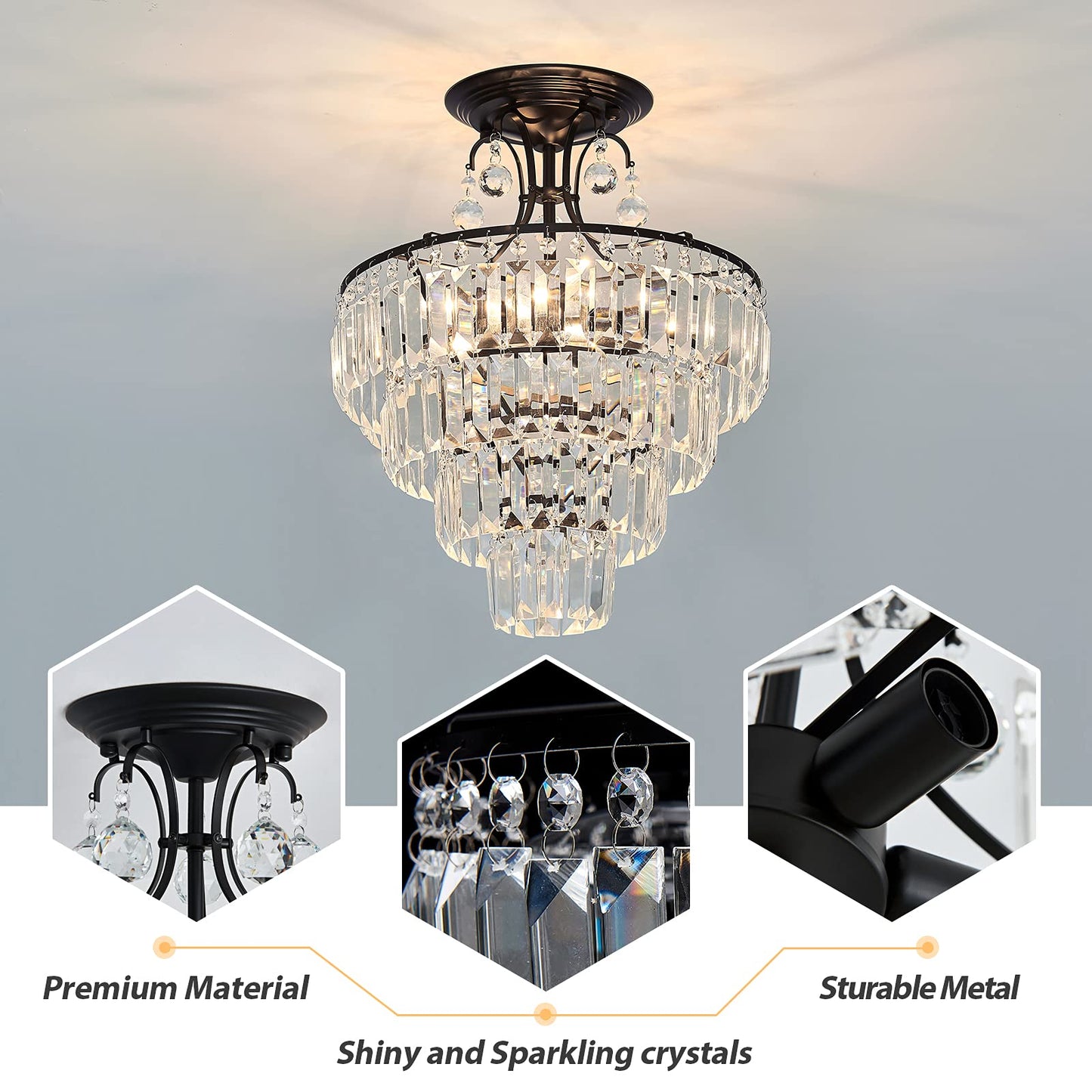 CVKASH 5-Lights Crystal Chandelier Semi Flush Mount Ceiling Light 15.2 Inch Black Model X5 for Living Room, Dining Room, Bedroom