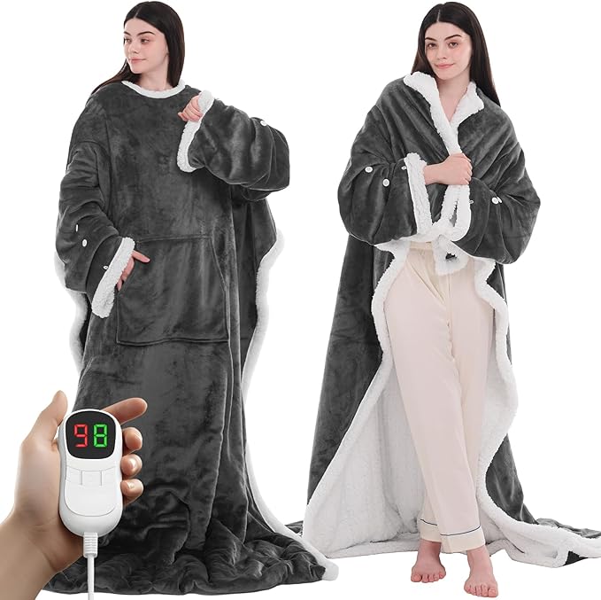 PLOATH Heated Electric Blanket Shawl: Heating Throw Heated Poncho - Wearable Blanket Hoodie Wrap Sherpa with 10 Heat Level...