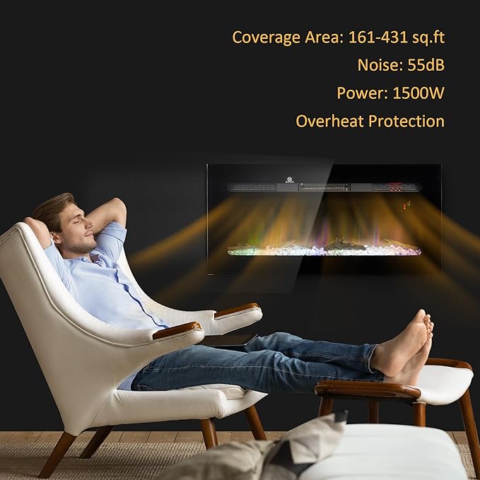 HOMCOM 36" Electric Fireplace Recessed and Wall Mounted with Remote Control, 1500W Fireplace Heater with 8H Timer, Adjustable Flame Color and Brightness, Log and Crystal