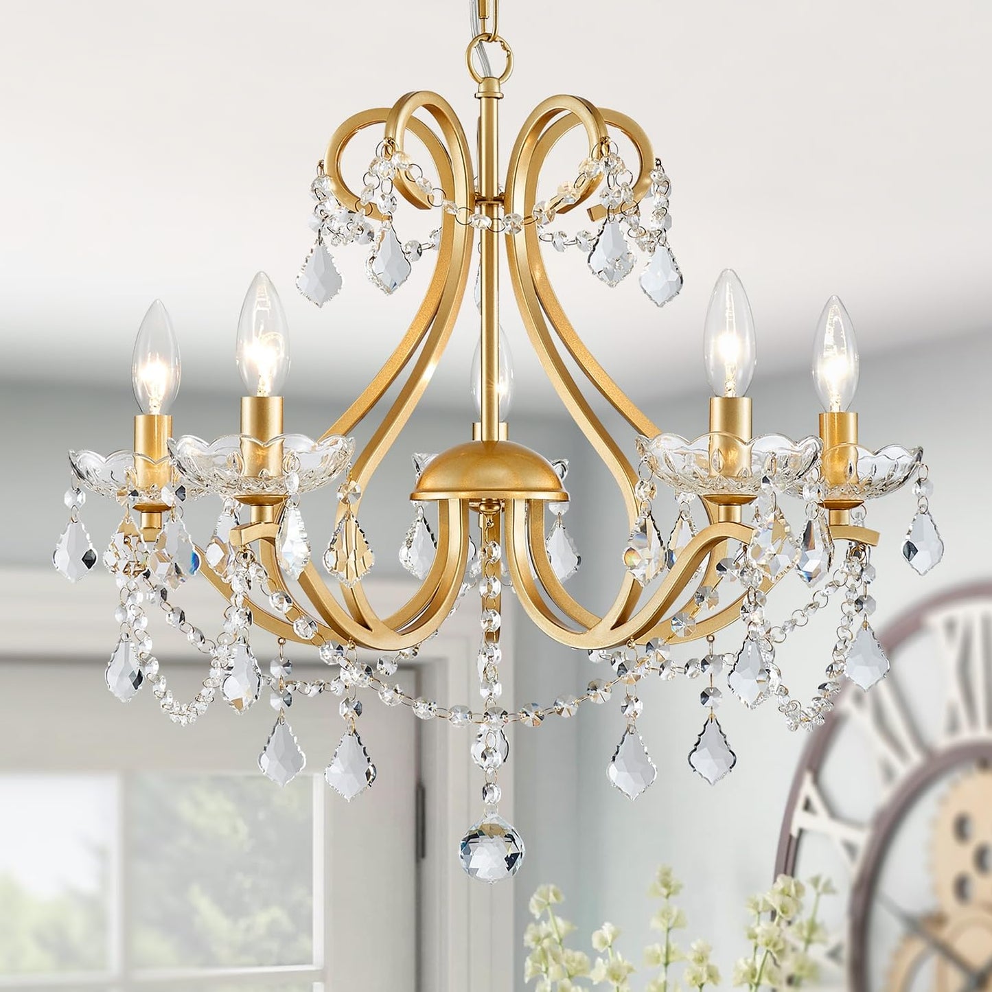 Wuzups Crystal 5-Light Candle Chandelier Pendant Flushmount Ceiling Light Modern Lighting Fixture For Bedroom Hallway Bar Kitchen Bathroom  H 20.9 X W 21.7  Gold  E12 Base