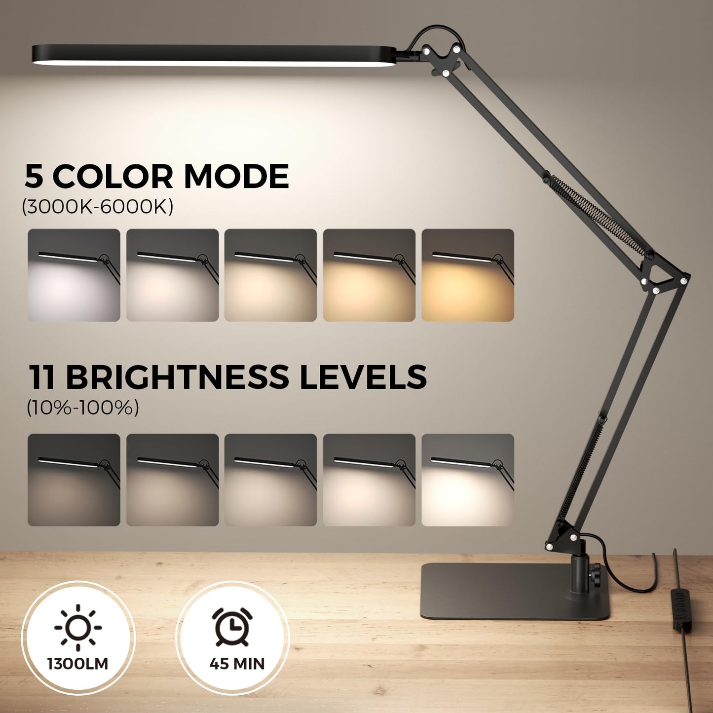 SKYLEO LED Desk Lamp - Adjustable Swing Arm, Dimmable, 1300LM, 12W, Metal, Black, Model A018