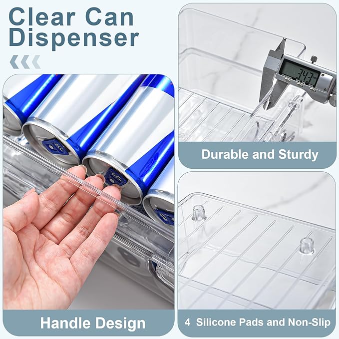 2 PCS Soda Can Organizer for Refrigerator & Pantry, Double Space Saving Auto-Rolling Stacking Can Dispenser, Fits Skinny/Standard/Tall Cans, Clear Fridge Can Holder Storage for Kitchen, Office