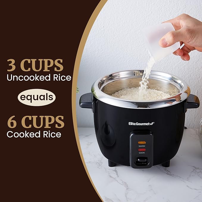 Elite Gourmet ERC006XSS 6-Cup Electric Rice Cooker with 304 Surgical Grade Stainless Steel Inner Pot, Makes Soups, Stews, Porridges, Grains and Cereals, 6 cup (3 cups uncooked), Black