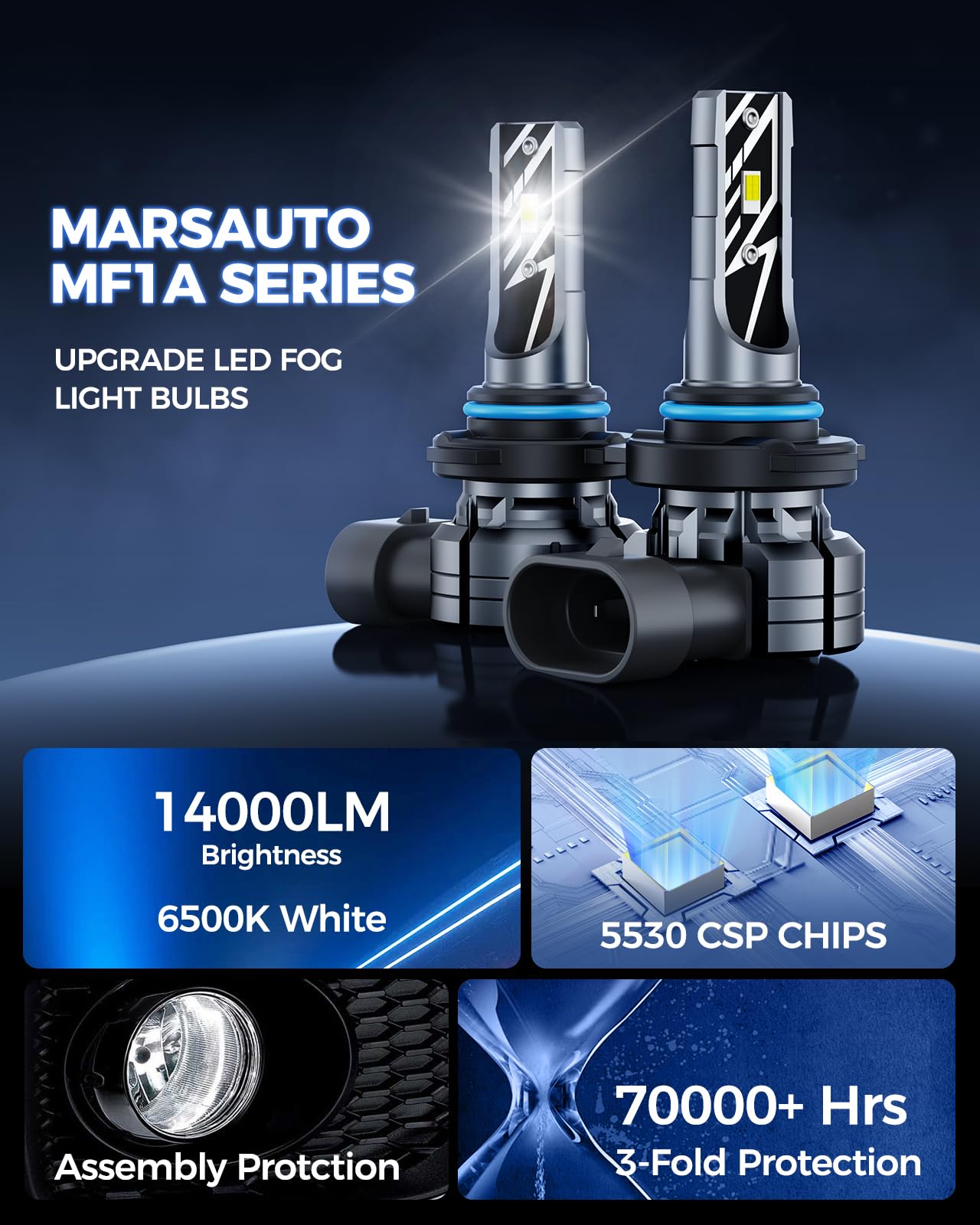 Marsauto 9145 H10 Led Fog Light Bulbs  14 000Lm 6500K Cool White H10 9140 9145 Led Bulb Fog Lights  Non-Polarity  70000Hrs Lifespan 9145 Fog Light Bulbs For Fog Lights And Drl  Exterior Lighting