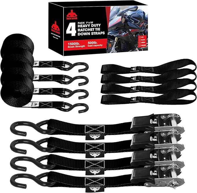 Jack Boss Ratchet Tie Down Straps Set,1500 lbs Break Strength, 1" x 15' Heavy Duty Ratchet Straps with 4X Soft Loops Padde...