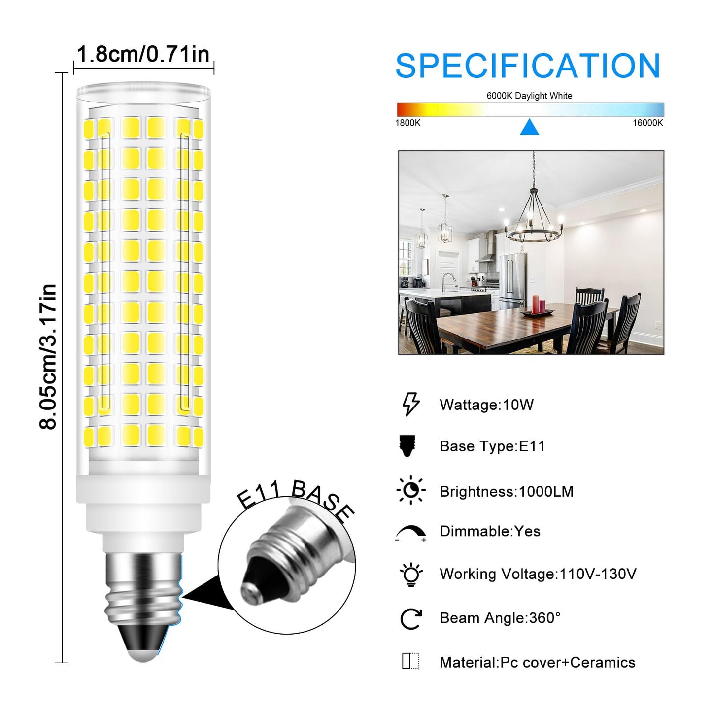Megereet Jde11 Led Bulb 100W Halogen Bulbs Equivalent T4 Mini Candelabra E11 Led Bulb Dimmable Daylight White 6000K 10W 1000Lm Jde11 120V 100W Led For Ceiling Fan Pendant Lighting 5 Packs