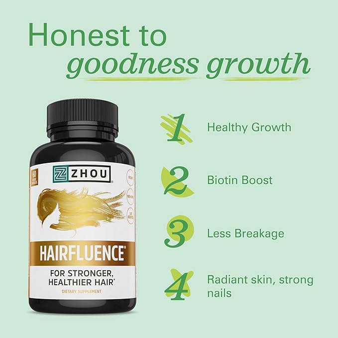 Zhou Hairfluence - Vegan Biotin Supplement for Hair Growth for Men & Women, Supports Stronger, Healthier Hair, Nails, & Glowing Skin with B Vitamin Complex - 60 Veggie Capsules (Pack of 1)