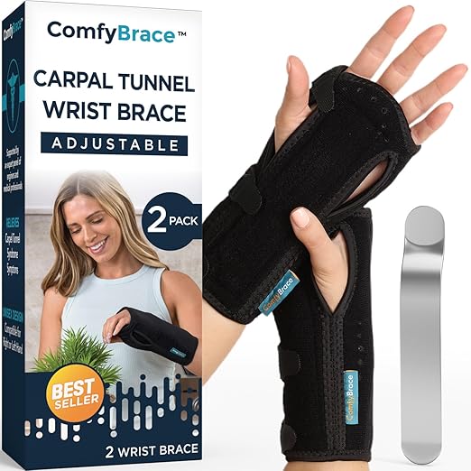 ComfyBrace® Carpal Tunnel Wrist Brace (Pack of 2) with Splint and Palm Cushion - (Adjustable and Fits Both Hands) - for Su...