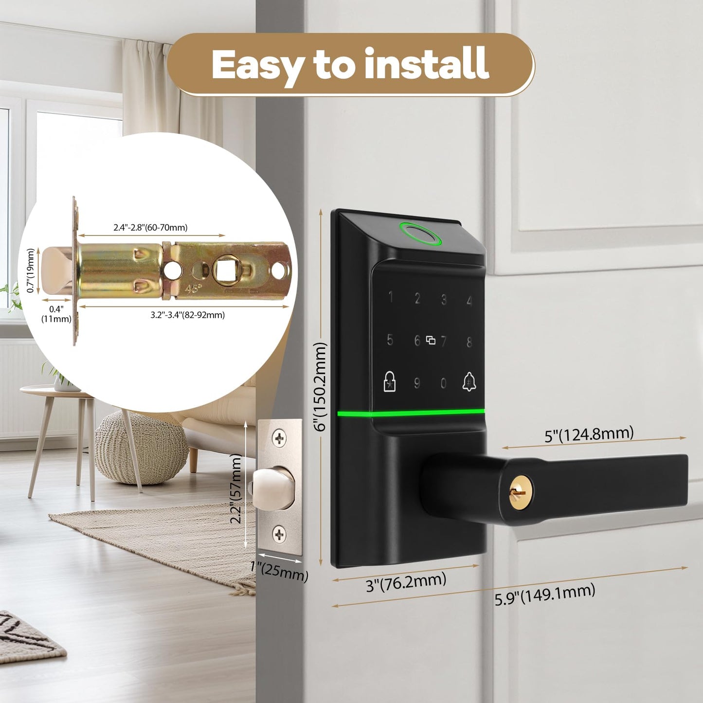 Bamberg Keypad Smart Door Lock with Handle: Keyless Entry Deadbolt - Fingerprint & Keypad Door Lock for Front Door - Key & IC Card Access - Remote Control via APP - Secure Smart Lock