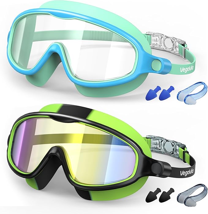 VegoVia Kids Swim Goggles 2 Pack, Anti-Fog UV Protection Wide View Swimming Goggles for kids 3-15 Youth Boys Girls Toddler