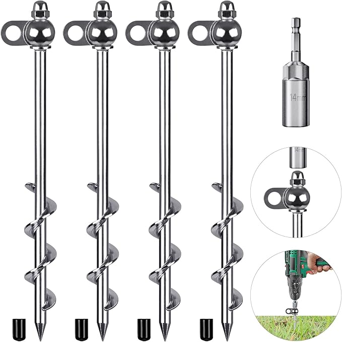 12 Inch Ground Anchors, 4 Pcs Heavy Duty Tent Stakes, Easy to Install and Reusable, for Camping Tents, Trampolines, Sheds, Swing Sets, Securing Animals