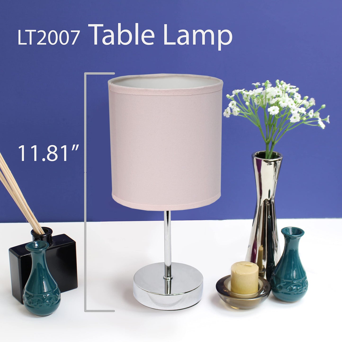 Simple Designs Lt2007-Bpk Mini Table Lamp, Chrome, Fabric Shade, Blush Pink, No Bulb