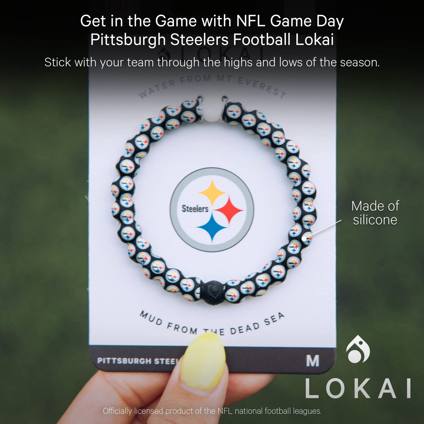 Lokai Silicone Beaded Bracelet for Men & Women, NFL Football Collection - Pittsburgh Steelers, Logo, Large - Silicone Jewelry Fa